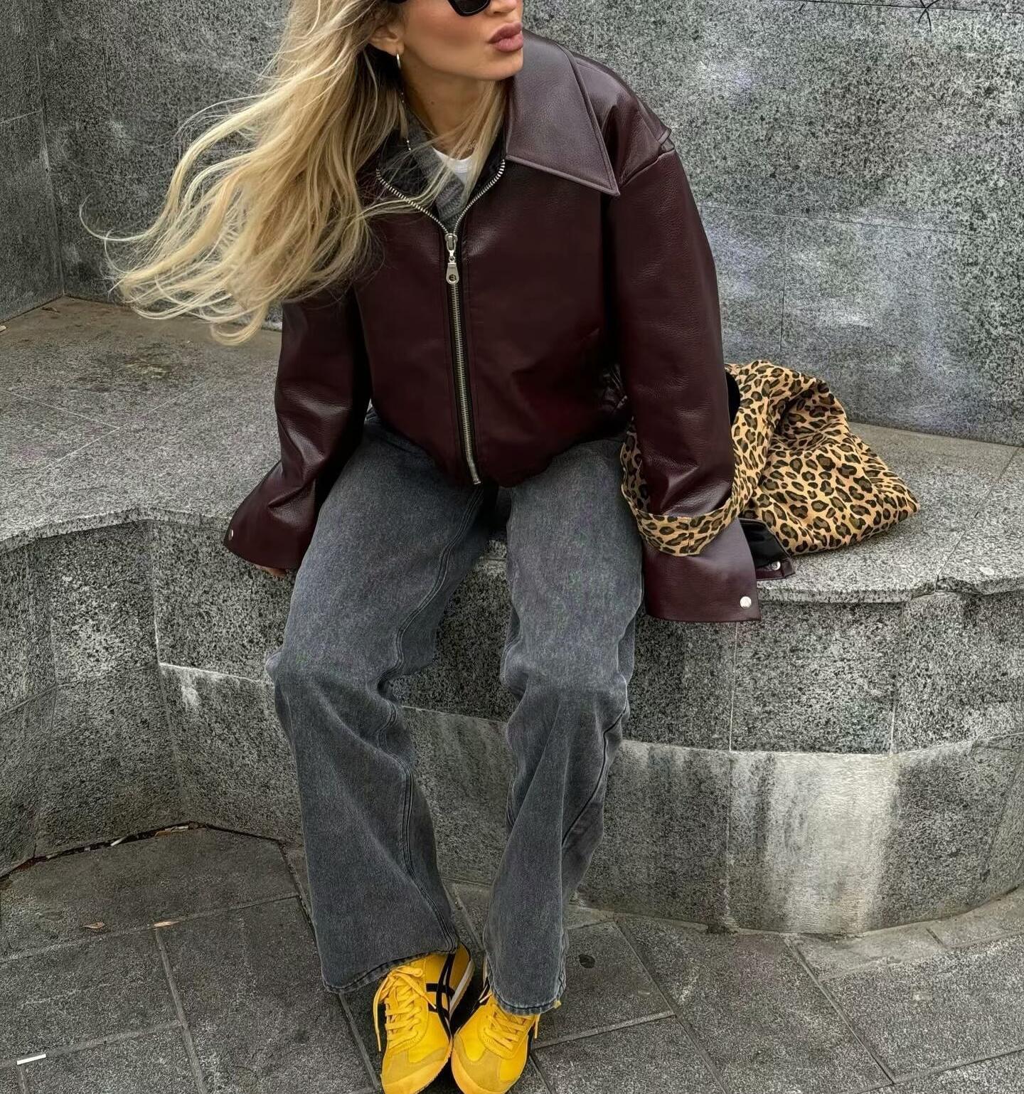 Solid Square Collar Leather Jacket