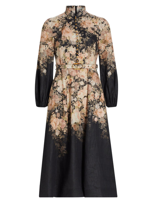 Black Rococo Floral Midi Dress