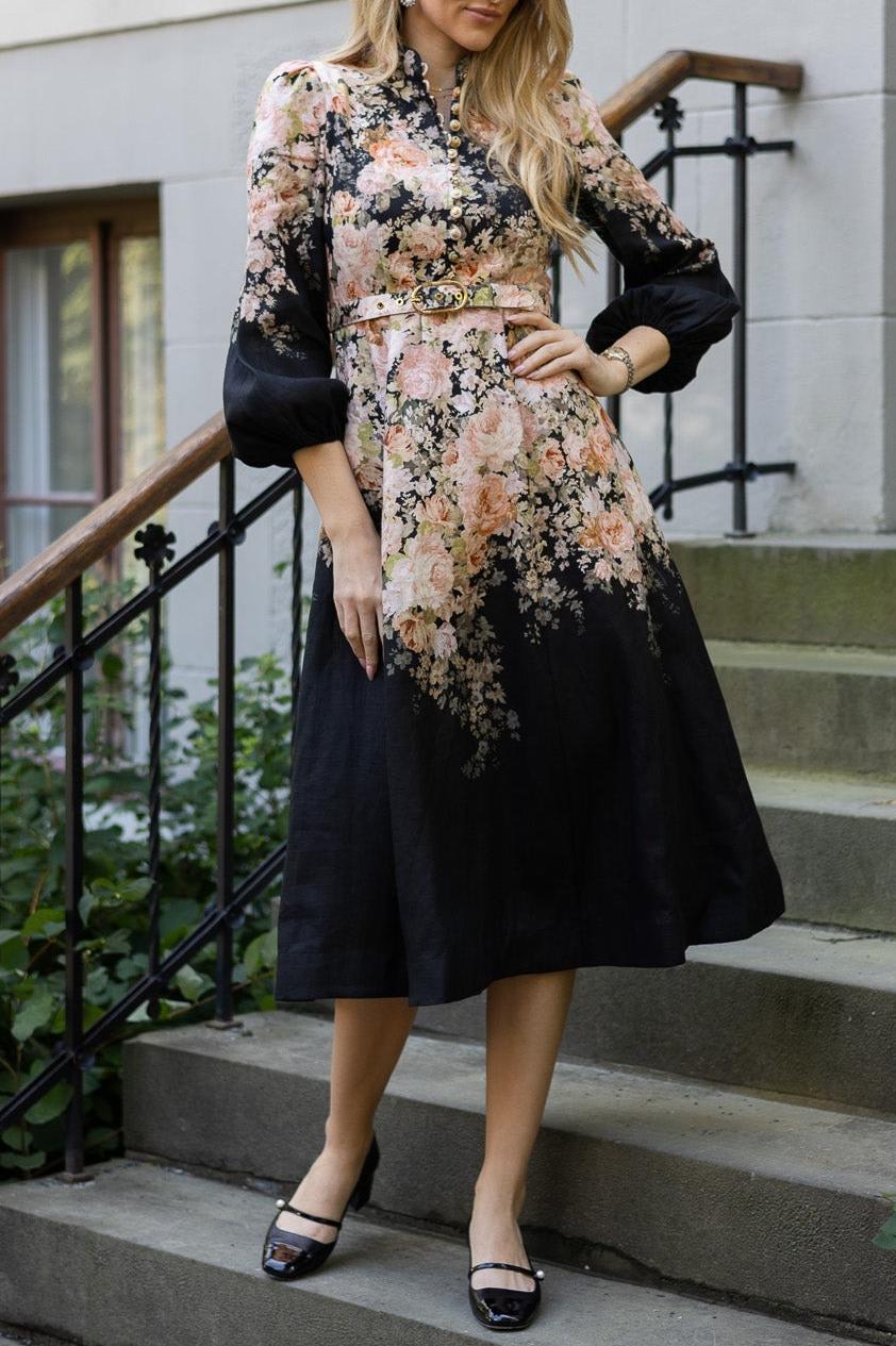 Black Rococo Floral Midi Dress