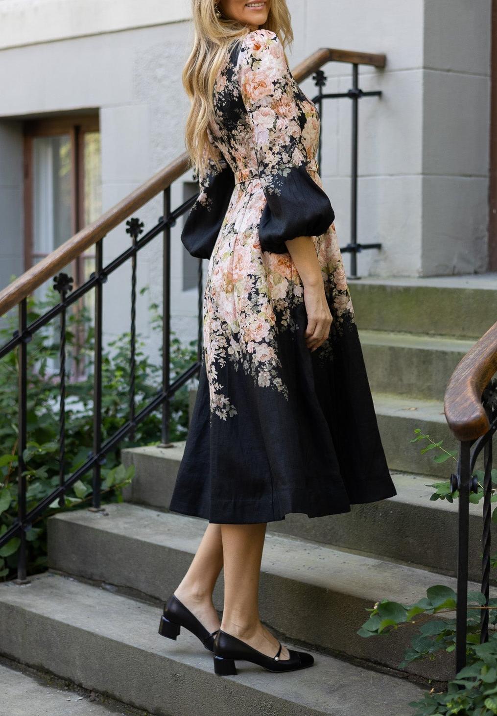 Black Rococo Floral Midi Dress