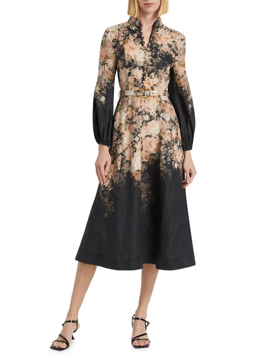 Black Rococo Floral Midi Dress