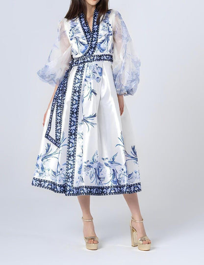 Floral PatternTulle Sleeves Midi Dress