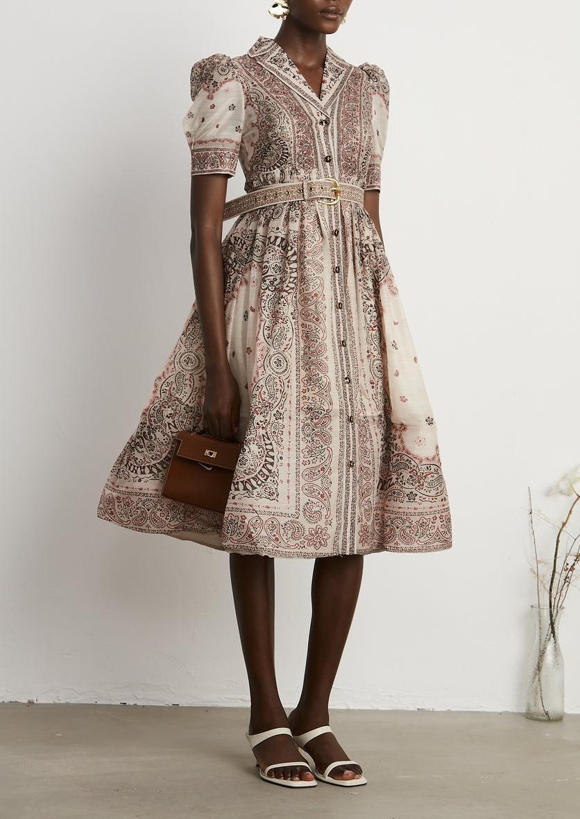 Pattern-Print Belted Midi Dress