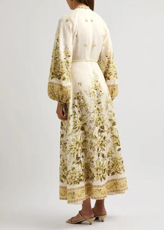 Golden Floral-Print Linen Maxi Dress