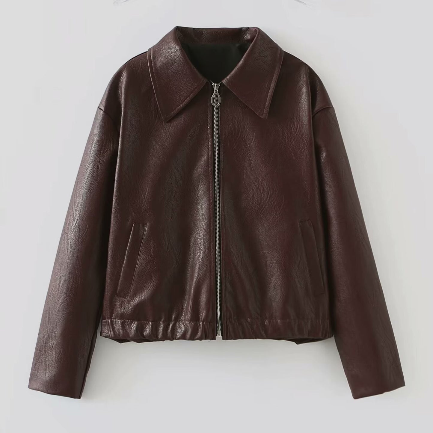 Solid Square Collar Leather Jacket