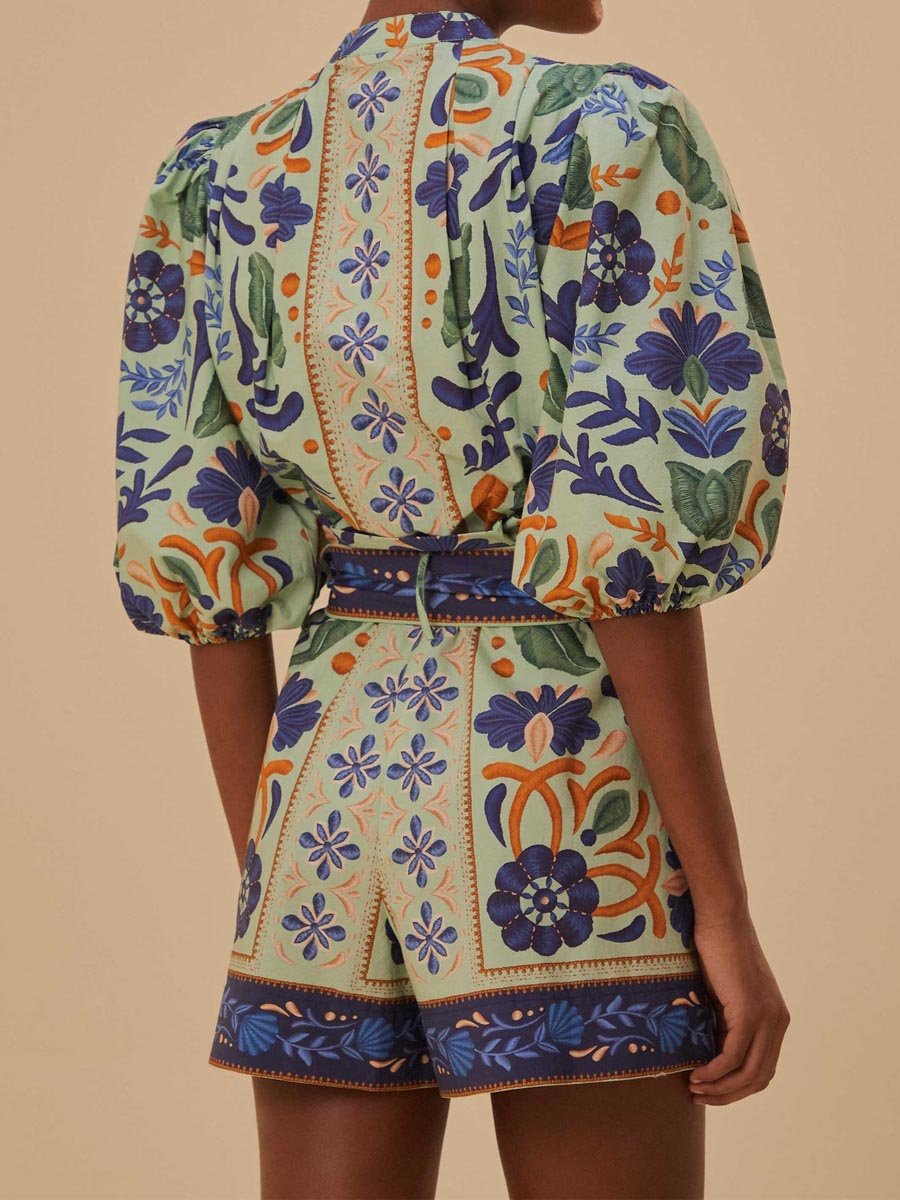 Puff Sleeve Vintage Printed Romper