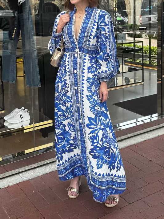 Printed V Neck Maxi Dress