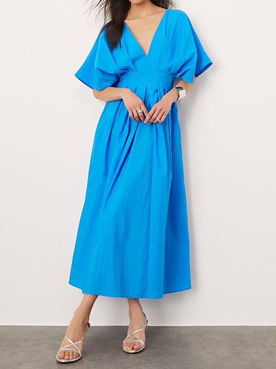 V Neck Pleated Short Sleeve Midi Dress