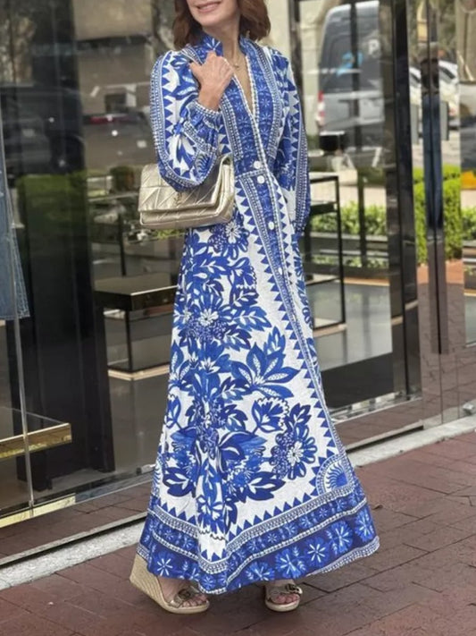 Printed V Neck Maxi Dress