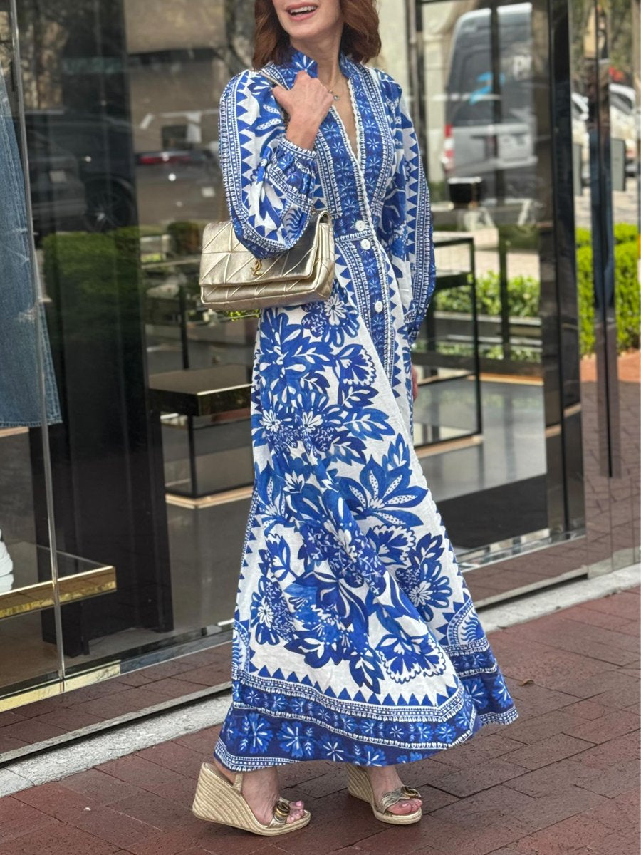 Printed V Neck Maxi Dress