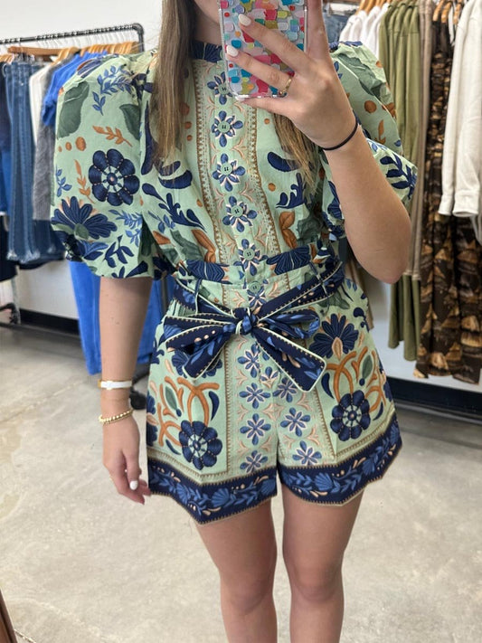 Puff Sleeve Vintage Printed Romper