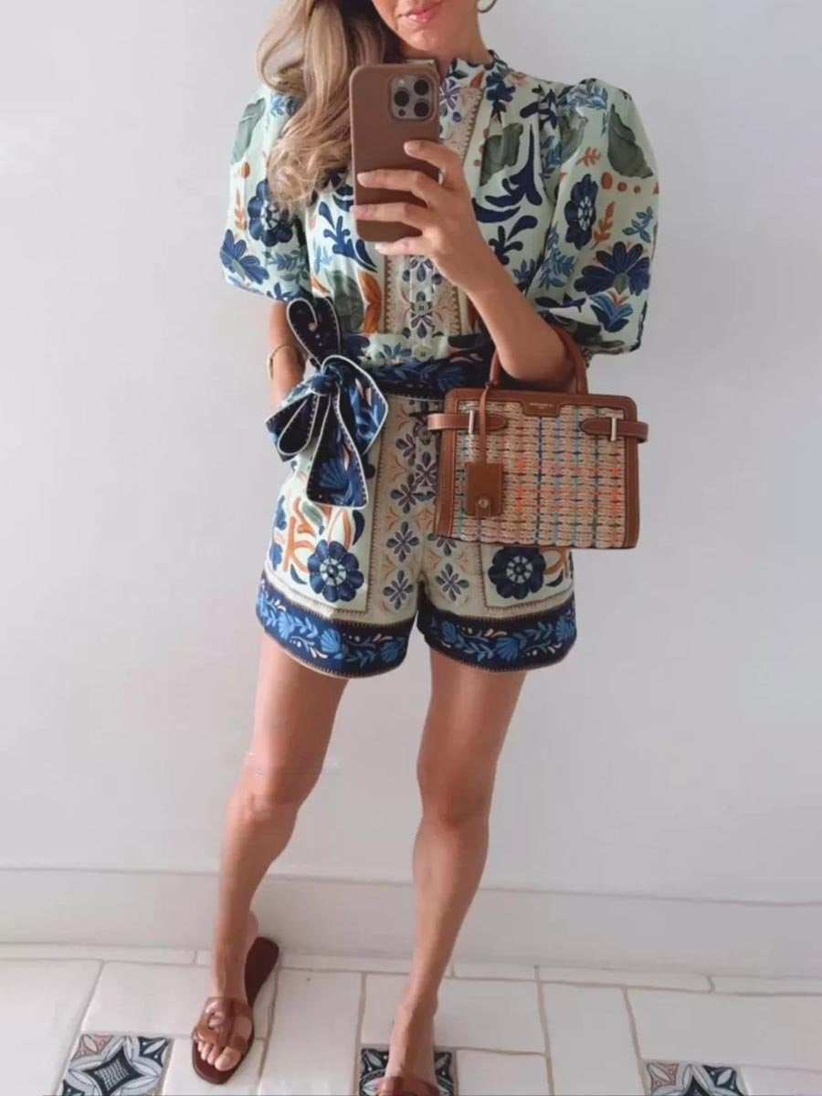 Puff Sleeve Vintage Printed Romper