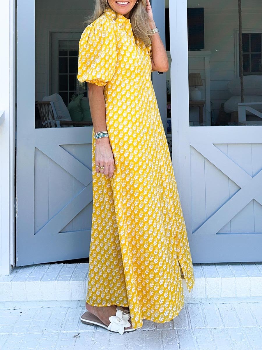 Puff Sleeve Printed Maxi Shirtdress