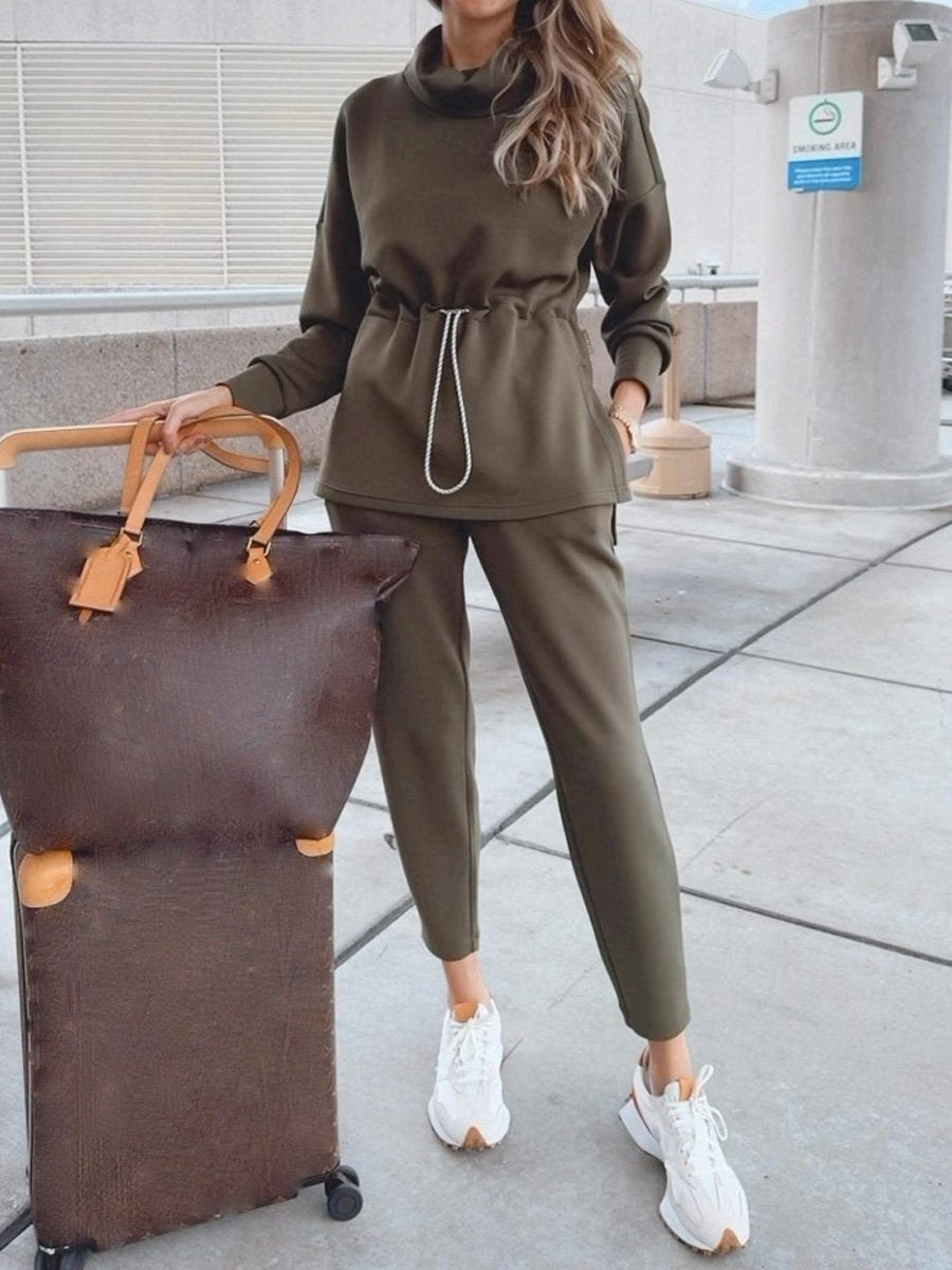 Turtleneck Drawstring Waist Slit Casual Suit