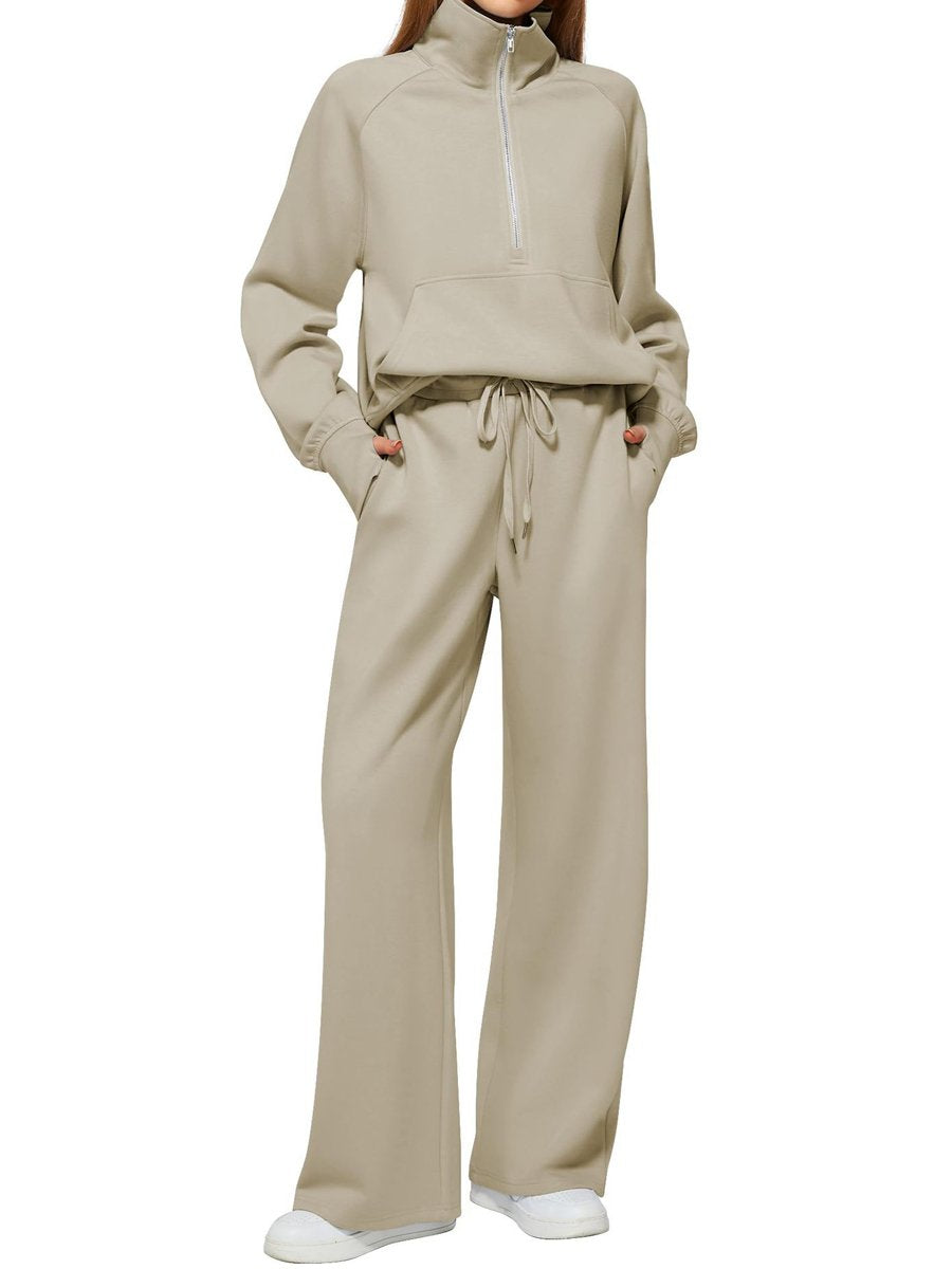 Casual Zip Up Sweatshirt & Wide Leg Sweatpants