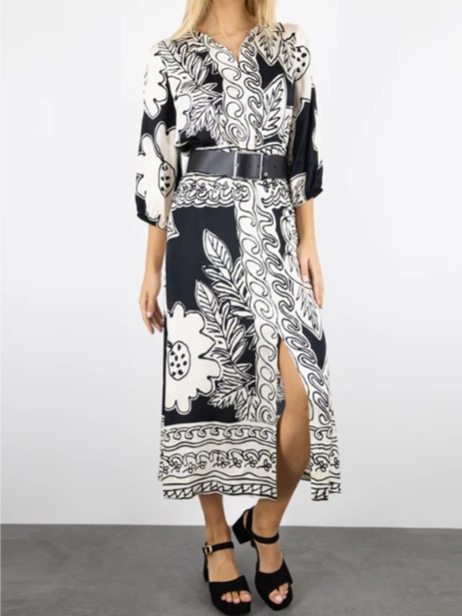 Classic Black&White Printed Midi Dress