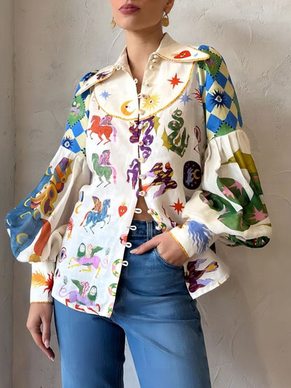 Graffiti Printing Lantern Sleeve Shirt